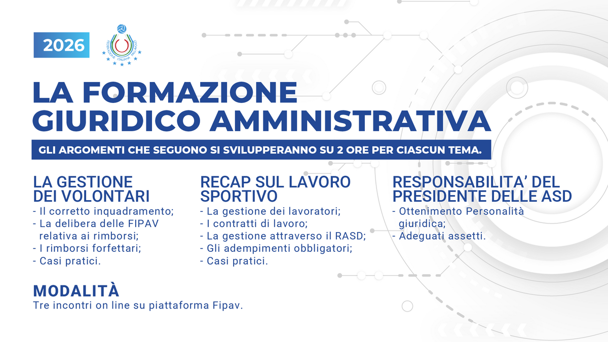 Fipav Lombardia: Corsi dirigenti: la formazione giuridico amministrativa in 3 incontri online