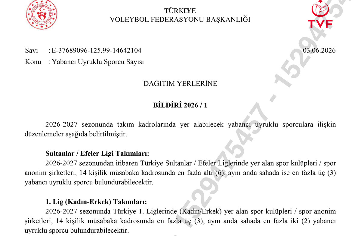 Turchia: Dalla stagione 2026/27 cambia il limite degli stranieri in Sultanlar ed Efeler Ligi... 6 tesserabili nei massimi campionati