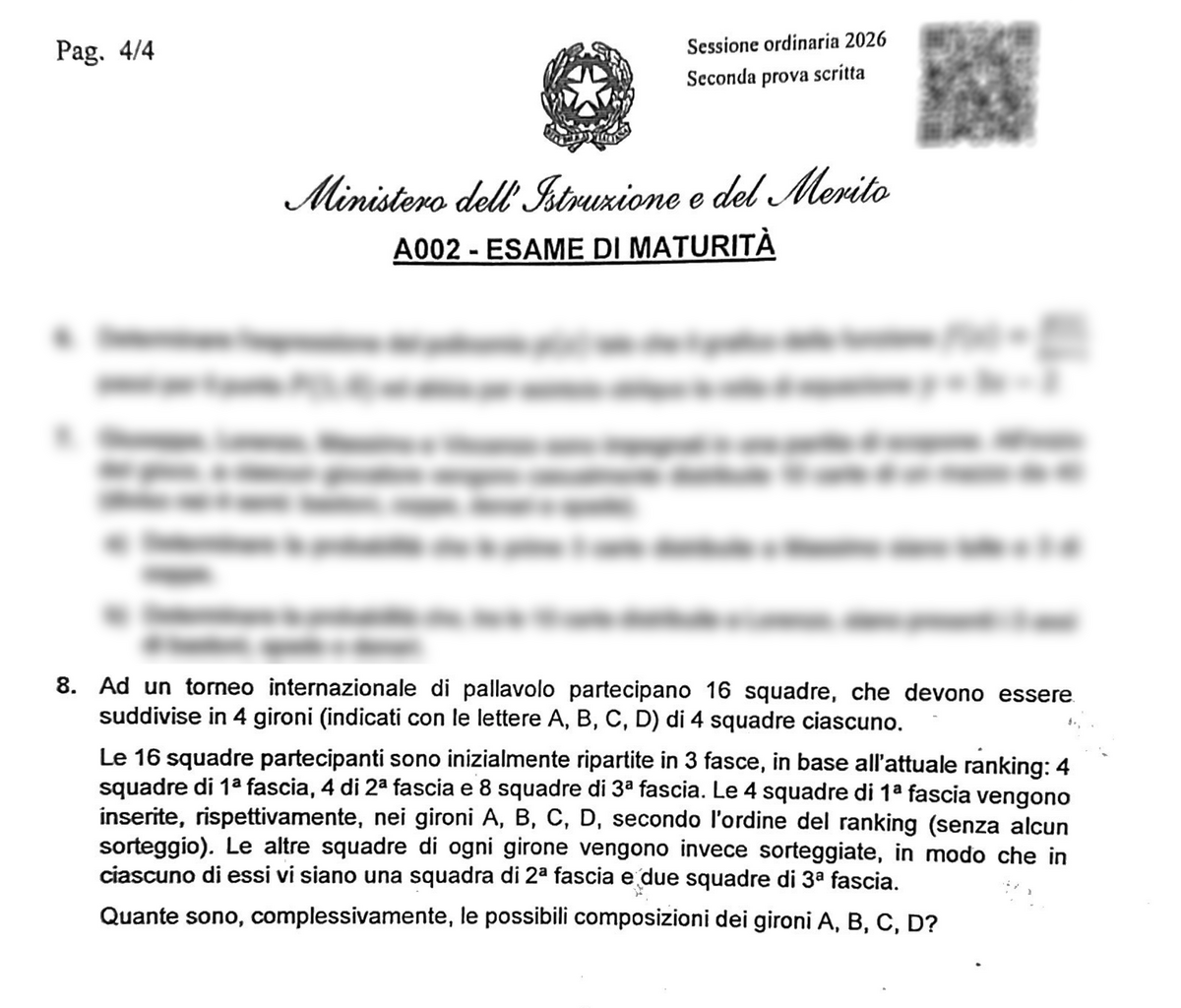 Maturità 2026, nella prova di matematica spunta la pallavolo: gironi, ranking e sorteggi come in Champions League