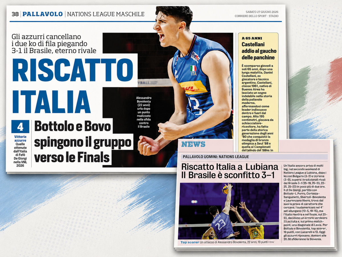 Rassegna stampa 27 giugno: Riscatto Italia sul Brasile, Nedeljkovic a Trento e Aleksic a Scandicci