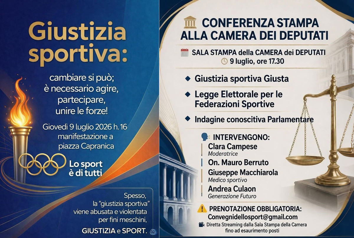 Giustizia sportiva, il 9 luglio i giovani scendono in piazza davanti alla Camera: manifestazione e conferenza stampa per chiedere riforme