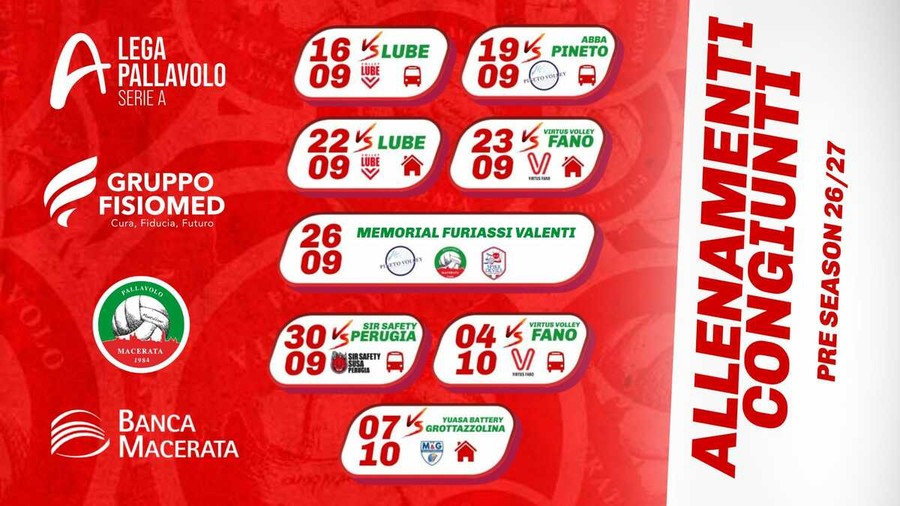Macerata, otto amichevoli: Test con Lube, Perugia e Grottazzolina