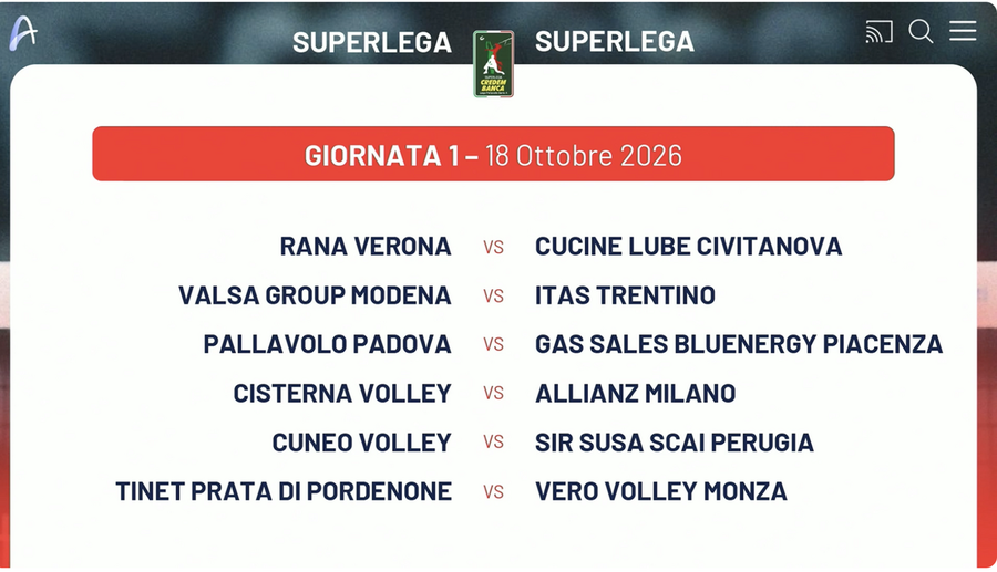 Superlega: Il calendario 2026/27. Tutte le 11 giornate di andata Superlega: Il calendario 2026/27. Tutte le 11 giornate di andata