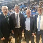 da sinistra il prefetto di Fermo Edoardo D'Alascio, l’Ad della Lega Pallavolo Fabio Fistetto, il sindaco di Grottazzolina Alberto Antognozzi, il presidente Rossano Romiti. da sinistra il prefetto di Fermo Edoardo D'Alascio, l’Ad della Lega Pallavolo Fabio Fistetto, il sindaco di Grottazzolina Alberto Antognozzi, il presidente Rossano Romiti.