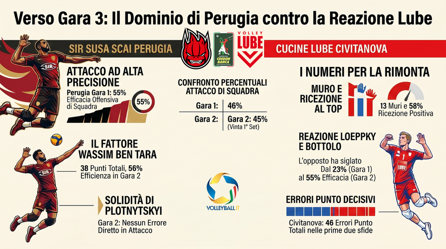 Finale Scudetto Gara3: Perugia avanti 2-0 sulla Lube, i numeri spiegano il dominio umbro