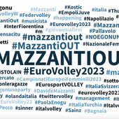 La &quot;nuvola&quot; social degli argomenti correlati nella ricerca sugli hashtag #mazzantiout #paolaegonu #eurovolley2023 tra il 3 e il 5 settembre
