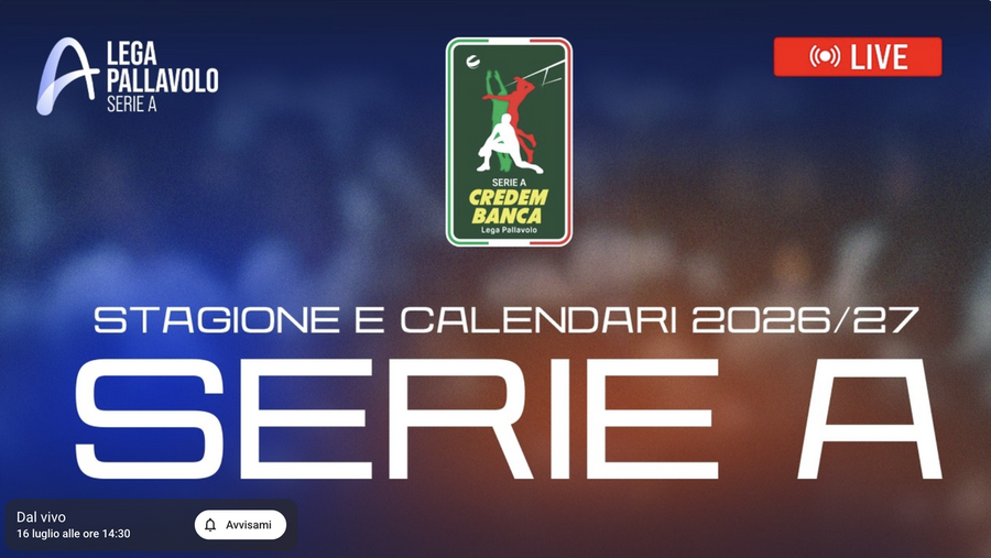 Serie A Credem Banca 2026/27: Il 16 Luglio la presentazione dei calendari di SuperLega, A2 e A3 in diretta da Bologna - Qui il live streaming Serie A Credem Banca 2026/27: Il 16 Luglio la presentazione dei calendari di SuperLega, A2 e A3 in diretta da Bologna - Qui il live streaming
