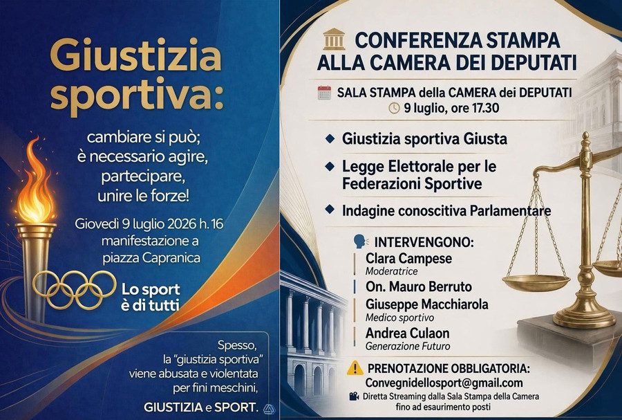 Giustizia sportiva, il 9 luglio i giovani scendono in piazza davanti alla Camera: manifestazione e conferenza stampa per chiedere riforme Giustizia sportiva, il 9 luglio i giovani scendono in piazza davanti alla Camera: manifestazione e conferenza stampa per chiedere riforme
