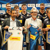 Da sinistra il presidente della Fipav Piemonte Paolo Marangon, il responsabile Grandi Eventi della Regione Piemonte Davide Balena, l’assessore allo Sport della Città di Torino Domenico Carretta e il CT azzurro Fefé De Giorgi