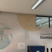 L'atrio della PalaPanini con l'immagine ripristinata del Commendator Panini