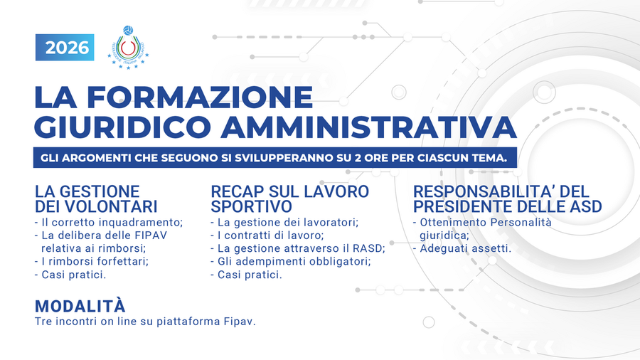Fipav Lombardia: Corsi dirigenti: la formazione giuridico amministrativa in 3 incontri online