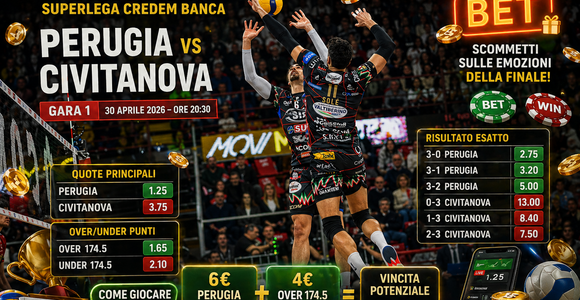Finale Scudetto: Perugia favorita in Gara 1, Civitanova rincorre. Le quote e come giocare 10 euro Finale Scudetto: Perugia favorita in Gara 1, Civitanova rincorre. Le quote e come giocare 10 euro