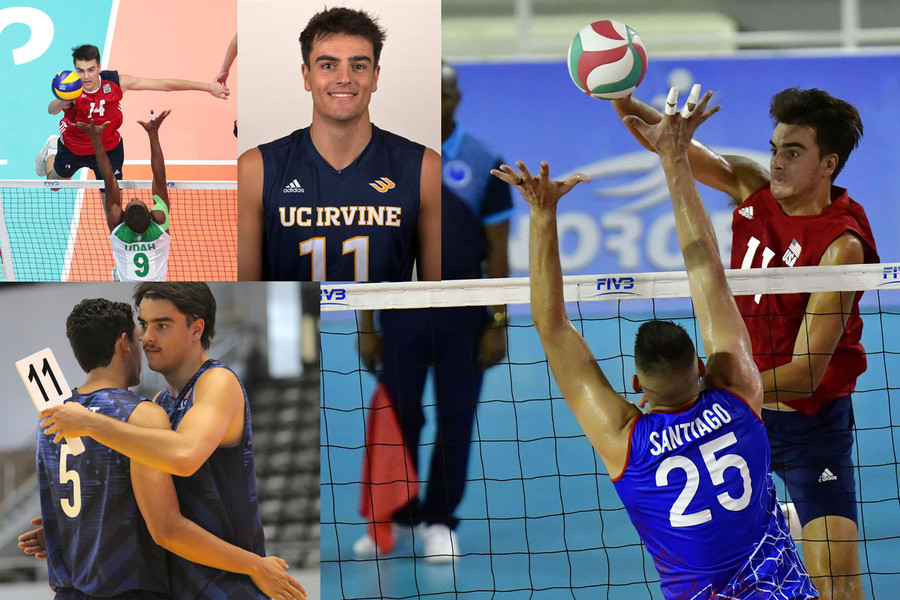 Francesco Sani con le maglie della nazionale U19, con la nazionale maggiore alla Pan American Cup e del college Irvine