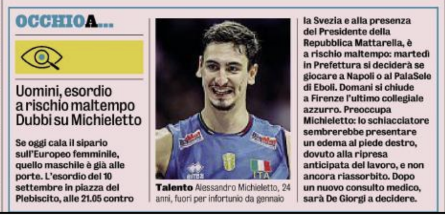 Rassegna stampa 6 settembre: Azzurre in finale, Lube e club verso il via. Azzurri: Michieletto in forse? Rassegna stampa 6 settembre: Azzurre in finale, Lube e club verso il via. Azzurri: Michieletto in forse?