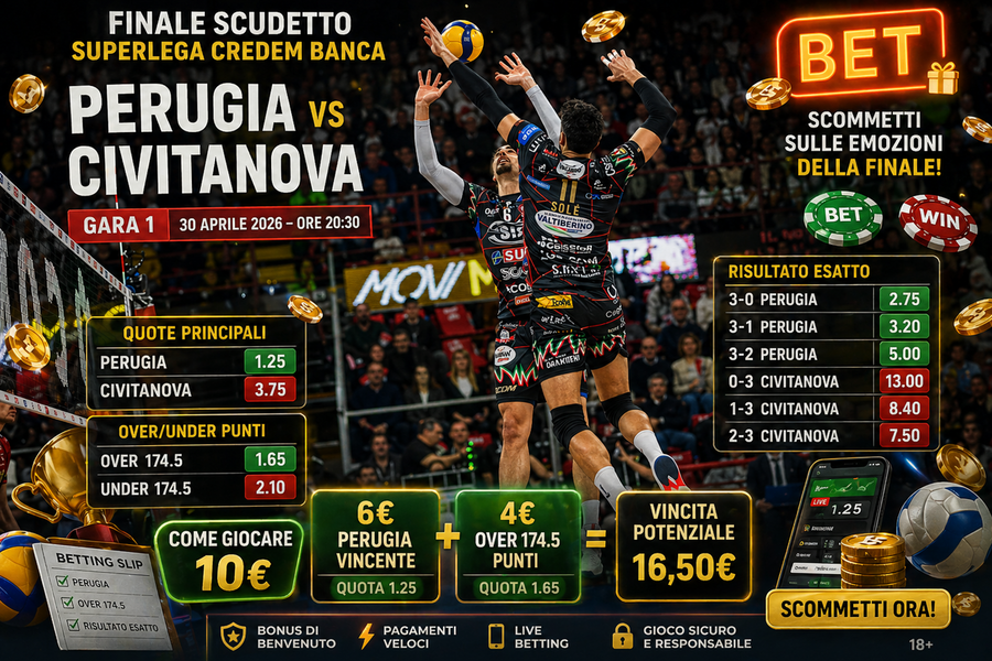 Finale Scudetto: Perugia favorita in Gara 1, Civitanova rincorre. Le quote e come giocare 10 euro