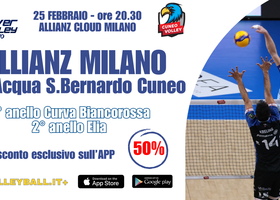 Sull'APP Volleyball.it+ il codice sconto esclusivo del 50%* per la biglietteria di Milano-Cuneo Sull'APP Volleyball.it+ il codice sconto esclusivo del 50%* per la biglietteria di Milano-Cuneo