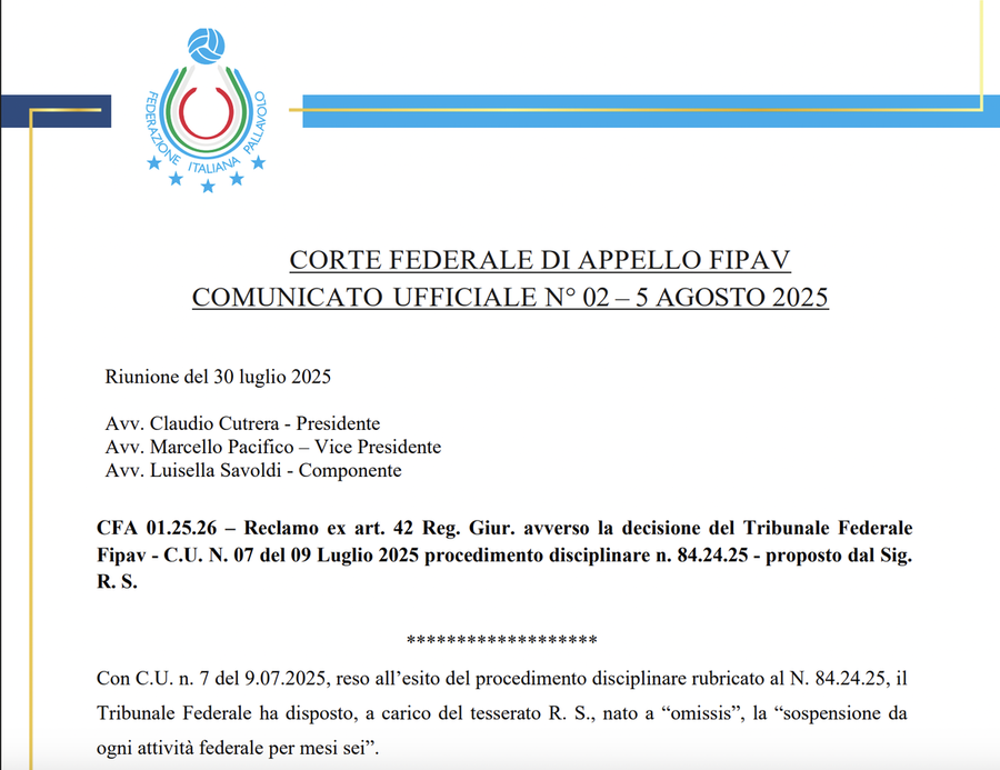 Fipav: Ridotta a 4 mesi la squalifica all'allenatore accusato di aggressione