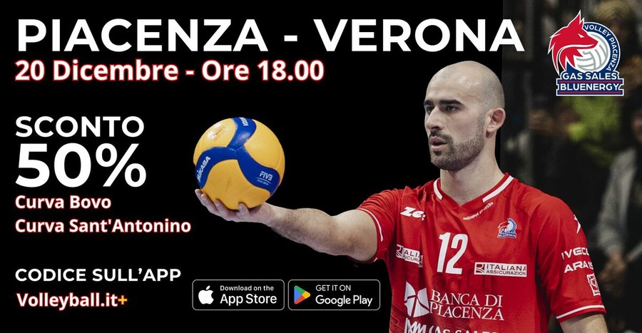 Promo Volleyball.it+ e Gas Sales Bluenergy Piacenza. Sull'APP il codice sconto del 50% per la sfida con Verona Promo Volleyball.it+ e Gas Sales Bluenergy Piacenza. Sull'APP il codice sconto del 50% per la sfida con Verona