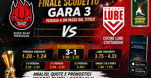 Finale Scudetto Gara3: Perugia a un passo dal titolo. Le quote spingono gli umbri, ma la Lube cerca di allungare la serie