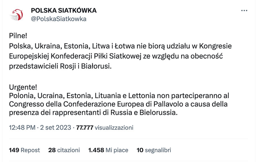 Europei: Gaffe della Cev. Polonia, Ucraina e le Repubbliche baltiche disertano l'Assembrea